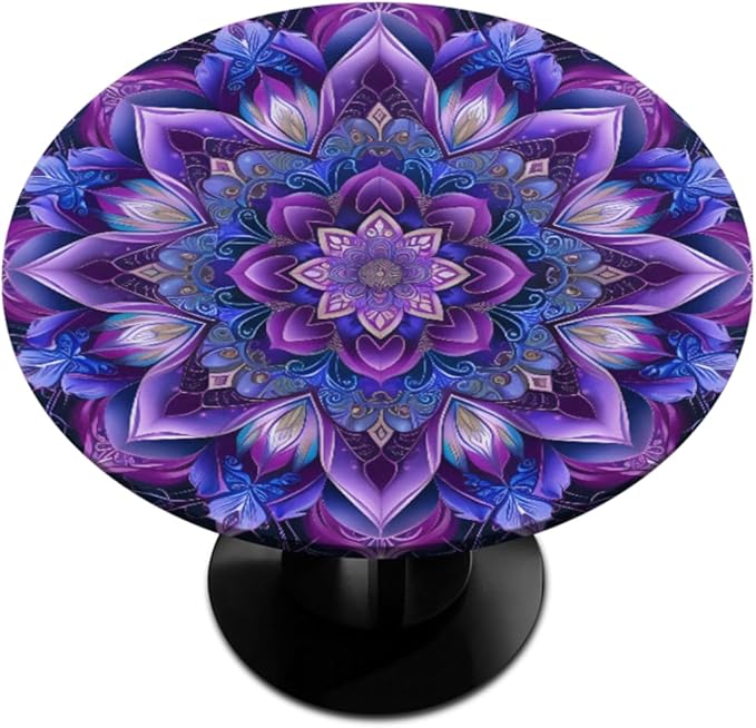 Mandrake Purple Blue Flower Round Table Cloth Cover, Elastic Edge Waterproof Wipeable Tablecloths 36"-42" Polyester Tablecloth for Party Restaurant Banquet Holiday Camping Outdoor Picnic