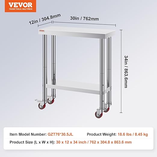 VEVOR Stainless Steel Work Table 30 x 12 x 34 Inch, 700 LBS Load Capacity with 4 Wheels, 3 Adjustable Height Levels, Heavy Duty Food Prep Worktable for Commercial Kitchen Restaurant, Silver
