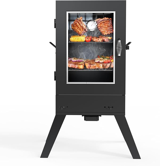 TABU 30-inch Electric Vertical BBQ Smoker with Thermometer & Leg Kit, Large Meat Smoker with Water& Wood Trays for Outdoor Backyard, Black