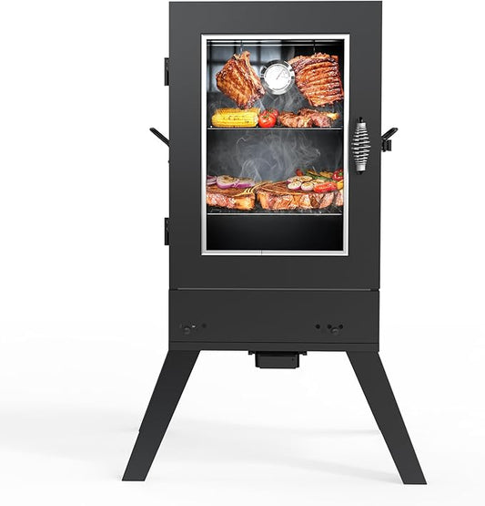 TABU 30-inch Electric Vertical BBQ Smoker with Thermometer & Leg Kit, Large Meat Smoker with Water& Wood Trays for Outdoor Backyard, Black