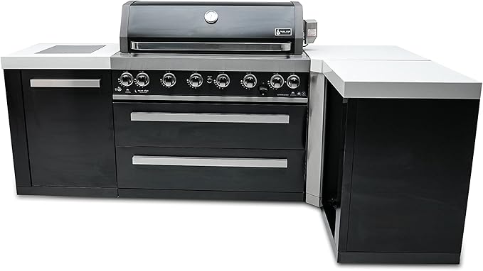 Mont Alpi MAi805-BSS90 44-inch 6-Burner 115000 BTU Deluxe Black Stainless Steel 90 Degree Outdoor Kitchen Gas Island Grill w/Infrared Side Burner Rotisserie Kit + Storage Drawers & Cabinets