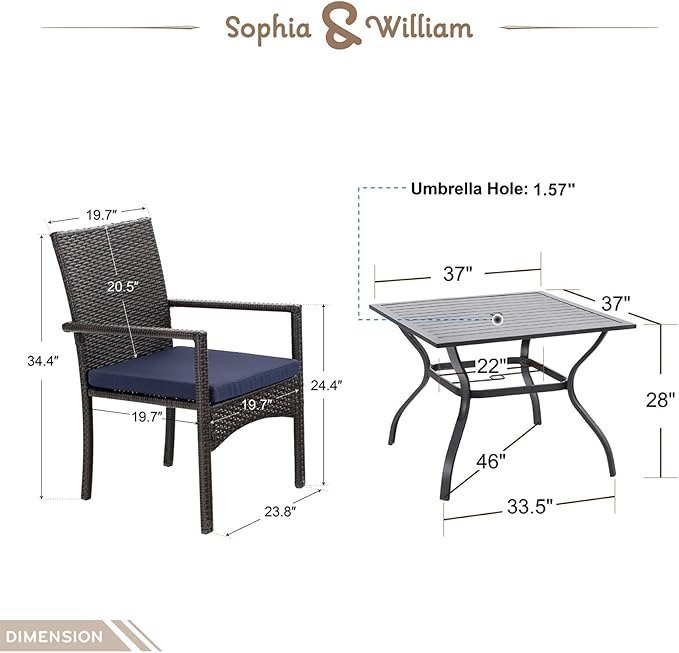 Sophia & William 5 Pieces Patio Dining Set with 9 ft Beige Patio Umbrella, Outdoor PE Rattan Chairs and Square Metal Table Set with Cushions and 1.57" Umbrella Hole for Porch Poolside Backyard
