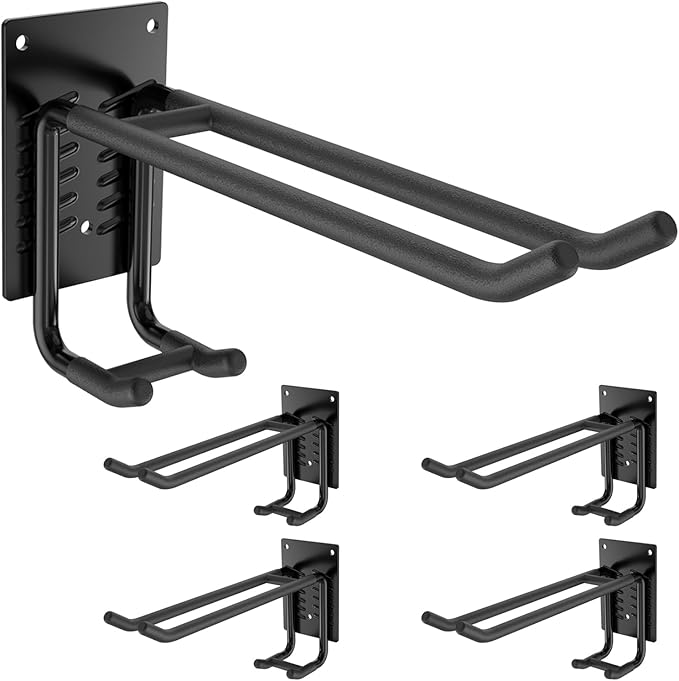 4 Pack Garage Hooks Heavy Duty 10 INCH Double-Layer Steel Shed Wall Mount Workshop Garage Storage Organizer Hooks for Hanging Garden Tool, Hose, Ladder, Chairs, Bikes with Anti-Slip Coating