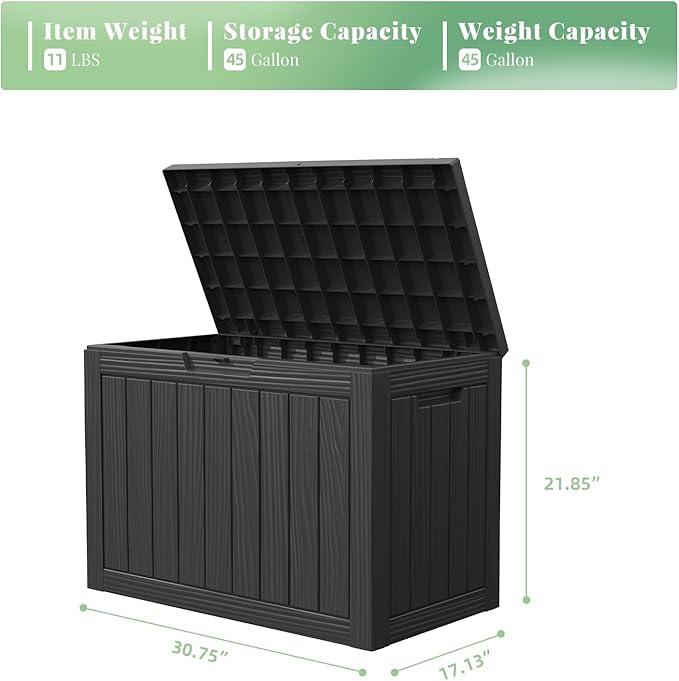 DRATO 45 Gallon Deck Box, Outdoor Storage Box for Patio Furniture, Patio Cushions, Gardening Tools, Pool Supplies 480lbs Weight Capacity,Waterproof Resin Storage Boxes（Black，45 Gallon）