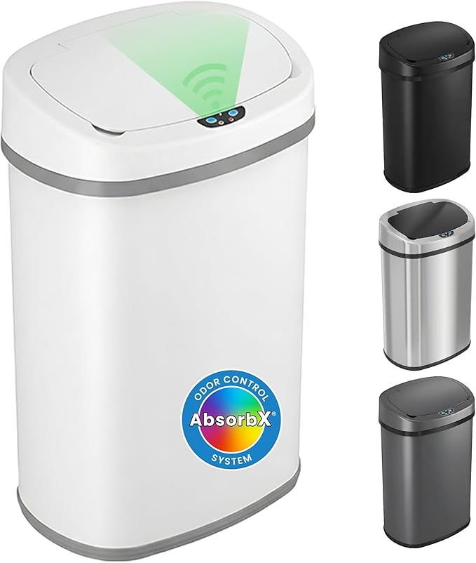 iTouchless 13 Gallon Automatic Sensor Trash Can with Lid, AbsorbX Odor Control System, Chalk White Stainless Steel Kitchen Garbage Bin, Fingerprint-Proof, Hands-Free Operation, Oval