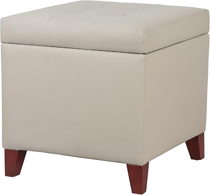 Homebeez Tufted Faux Leather Storage Ottoman Square Cube Foot Rest Stool with Flip Top, Elephant Grey