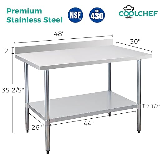 Stainless Steel Work Table 30 x 48 Inch, NSF Commercial Prep Table with Undershelf, Heavy Duty Food Prep Workstation with Backsplash