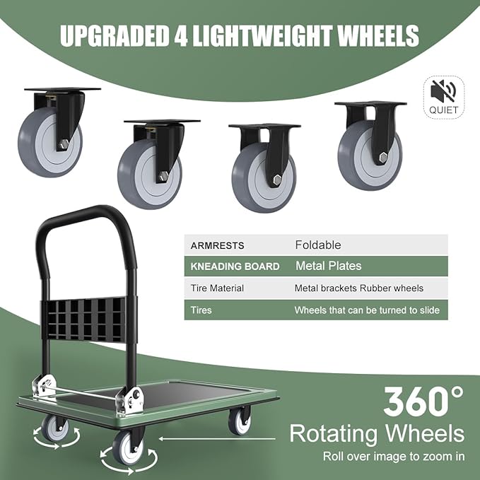 WUD Push Cart, Folding Mobile Platform Trolley,Thickened and Reinforced, 360° Swivel Wheels,35.4 “L x 23.6 ”W, 1100 lb. Green Dolly cart with Wheels
