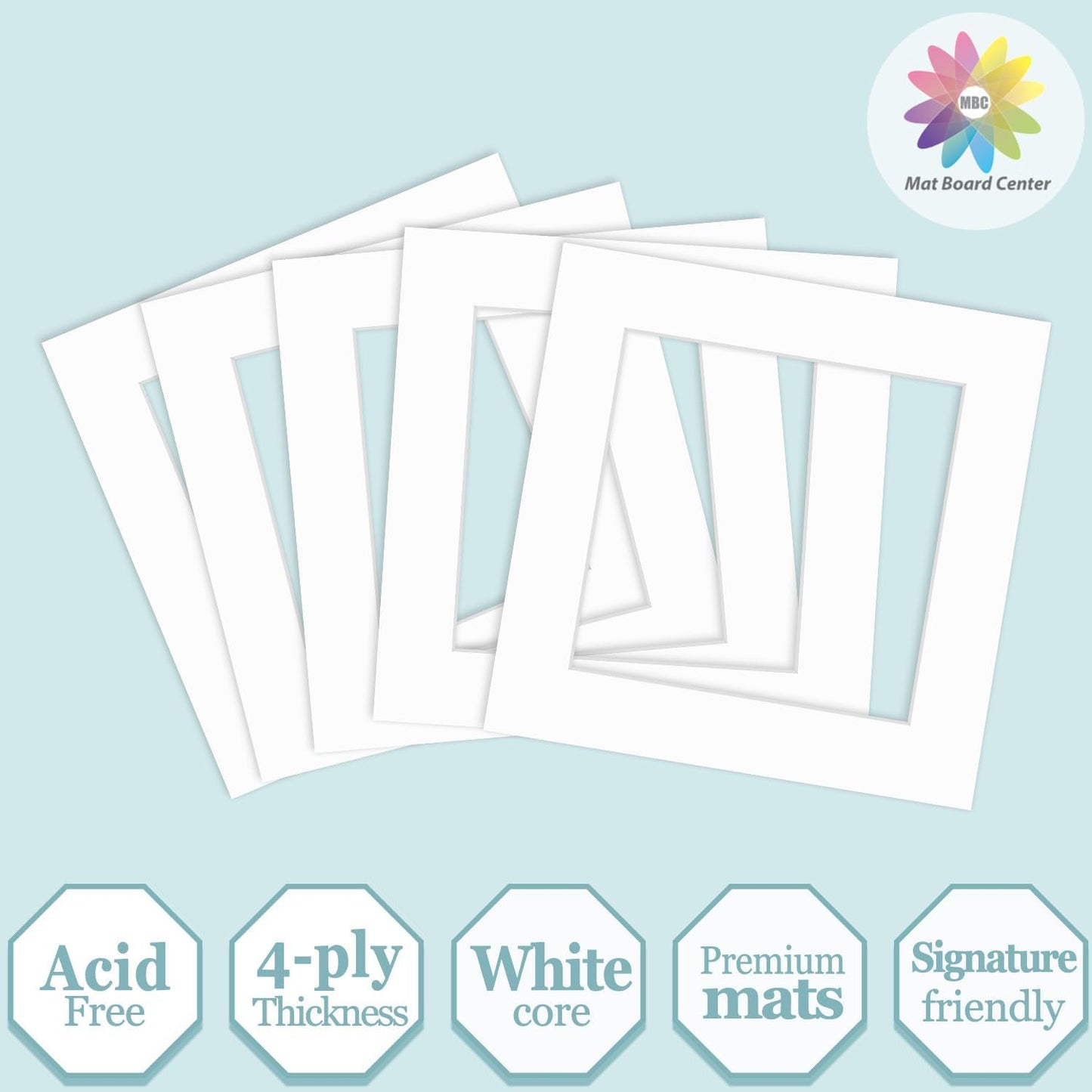 MBC Mat Board Center, 5 Pack 8x8 for 6x6 White Picture Mats Frame Mattes, Bevel Cut, Acid Free, 4-ply Thickness