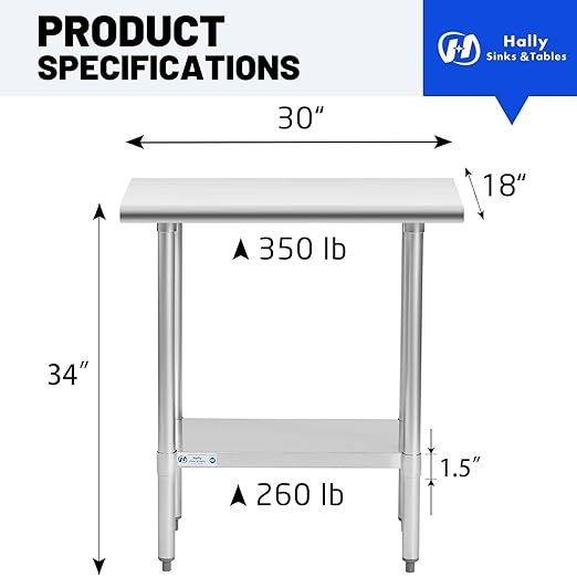 Hally Stainless Steel Table for Prep & Work 18 x 30 Inches, NSF Commercial Heavy Duty Table with Undershelf and Galvanized Legs for Restaurant, Home and Hotel