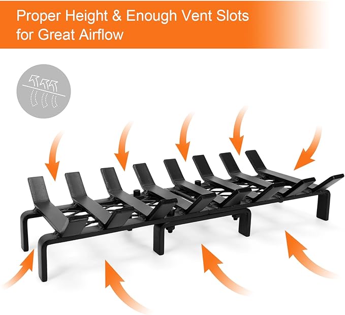 20" Fireplace Grate with Ember Retainer, Wood Stove Grate Rack, Heavy Duty Solid Steel 8-Bars Firewood Holder, Easy-Assembly Fire Grate for Indoor Hearth Outdoor Firepit - Matt Black