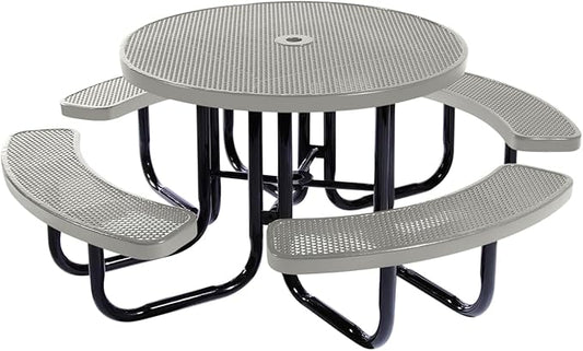COATEDOUTDOORFURNITURE Heavy-Duty Portable Outdoor Picnic Table with Umbrella Hole, Punched Steel Commercial-Grade Patio Dining Furniture Made in America (46" Round Top, Textured Grey)