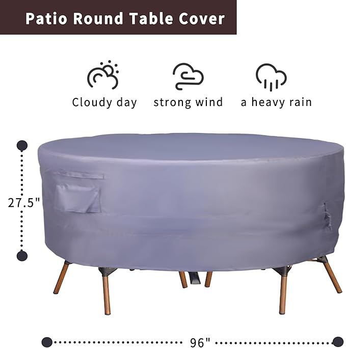 Round Patio Furniture Cover, Heavy Duty and Waterproof for Outdoor Furniture covers, Round outdoor table cover, Patio table cover 96"DIA x 27.5"H Grey