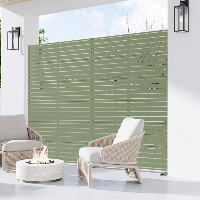 Casaphoria Metal Privacy Screen Outdoor, 72" H x 47" W Freestanding Decorative Privacy Screen for Patio Deck Balcony Garden with Stable Base, Light Green-Louvered