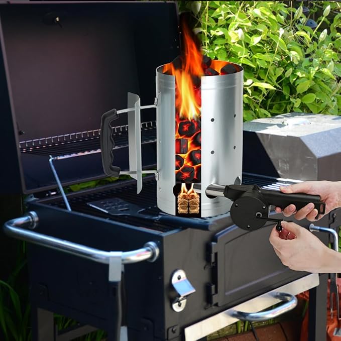 Charcoal Chimney, Charcoal Chimney Starter Coal Burner,Grill Chimney Charcoal Starter Tools Set Of 4 Pieces Include Fire Gloves, Bbq Fan Air Blower, Charcoal Scoop For Grill Fireplace Accessories