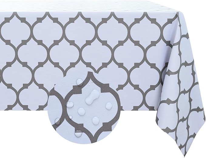 Romanstile Rectangle Plastic Tablecloth, 100% Waterproof Oil-Proof Checkered PVC Table Cloth, Heavy Duty Vinyl Table Cover for Dining, Camping, Picnic, Outdoor - 54 x 108 Inch, Moroco White