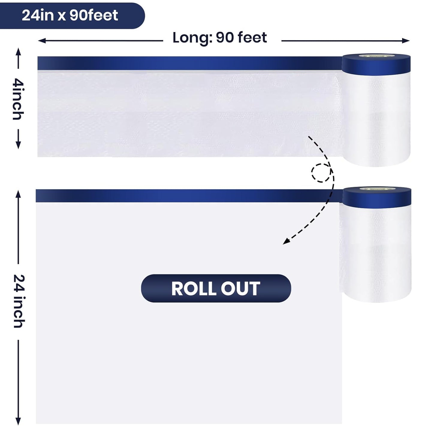 ADHES Painters Plastic with Tape, 24 inch x 90 feet x 3 Rolls Painters Tape with Plastic Attached, Pre Taped Masking Film Tape and Drape for Automotive Painting Covering