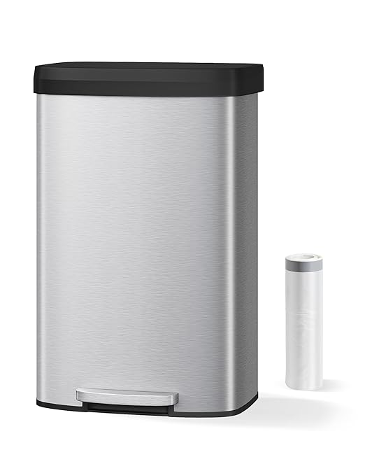 Garvee 21 gal / 80 L Stainless Steel Trash Can with Lid, Large Garbage Can for Kitchen, Rustproof Step-on Kitchen Metal Trash Bin with Liner Rim, Rear Handle, Soft Close Plastic Lid, Silver