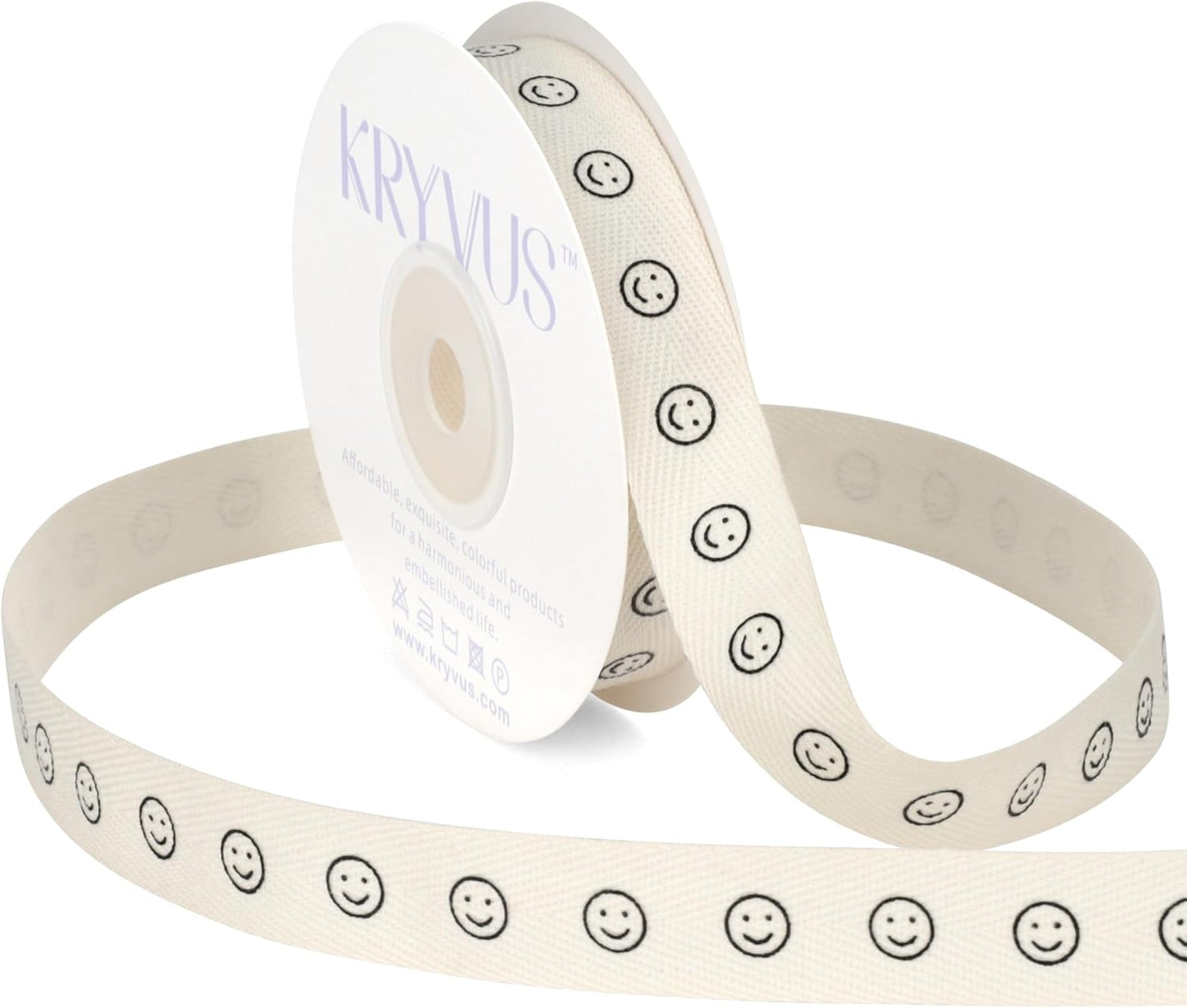 Smiley Faces Ribbon - 5/8 Inch x 12 Yards Natural Twill Tape Ribbon, Cotton Herringbone Ribbons for Gift Wrapping, Birthdays, Weddings, Christmas, Anniversaries, Valentine's Day, Mother's Day