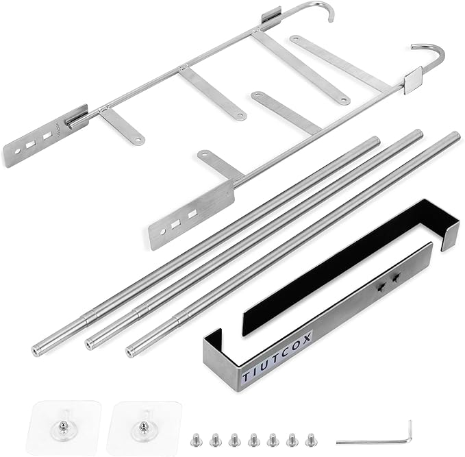 Over The Door Towel Rack, 304 Stainless Steel Towel Racks for Bathroom with 3-Tier Adjustable Pole, 2 Punch-Free Screw Stickers, 22.83 * 17.71-29.52 * 6.14 Inch, Red