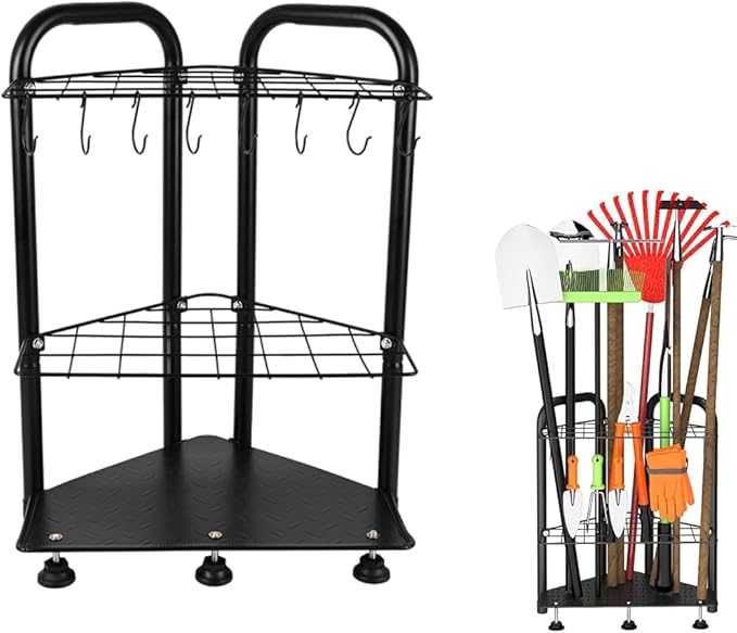 Garden Tool Organizer Rack, Garage Yard Tool Storage and Organization,2-Tier Metal Stand with Hooks, Black
