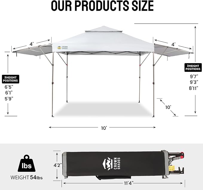 CROWN SHADES 10x10 Pop Up Canopy Tent with Patented Center Lock, 150D Silver Coated Fabric, 2 Extendable Awnings, Instant Commercial Canopy with 4 Weight Bags, Ropes, Stakes & Wheeled Carry Bag, White