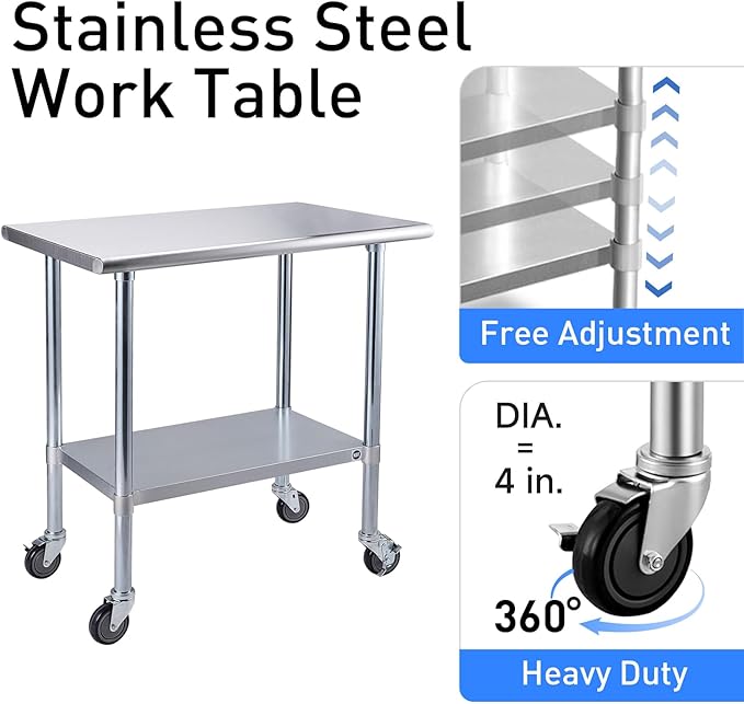 ROCKPOINT Stainless Steel Table for Prep & Work with Caster Wheels 18x30 Inches, NSF Metal Commercial Kitchen Heavy Duty Table with Adjustable Under Shelf and Table Foot for Restaurant, Home and Hotel