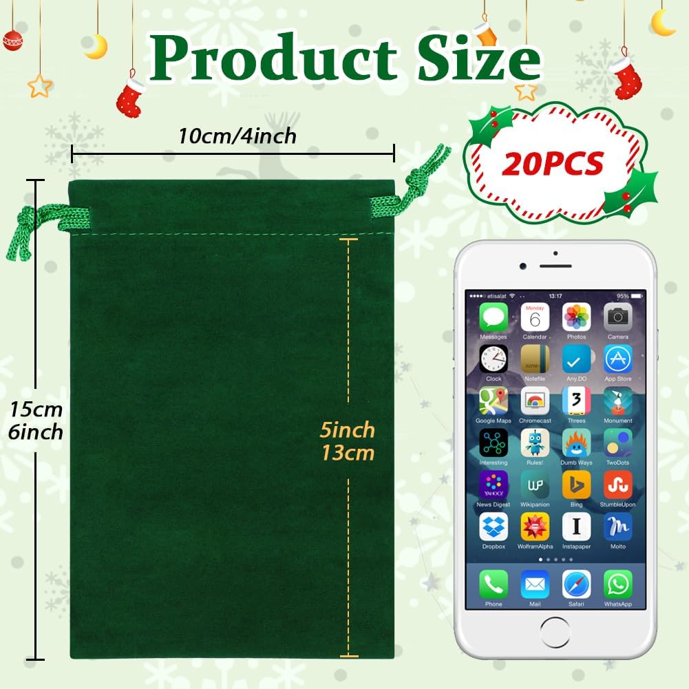 Shintop 20pcs Velvet Bags, 4x6inch Green Jewelry Drawstring Pouches Soft Cloth Gift Bags for Christmas St Patrick's Day Party Favor