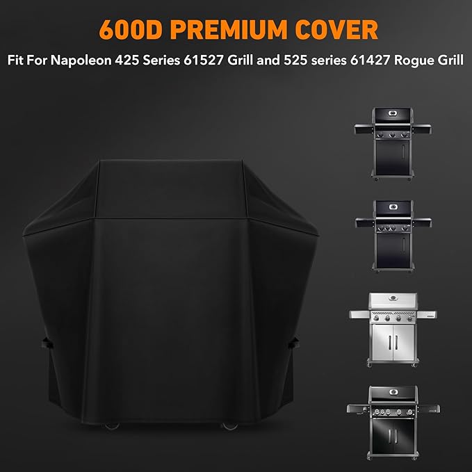 Heavy Duty Grill 600D Cover Fit for Napoleon 425 Series 61527 Grill and 525 Series 61427 Rogue Grill, All Weather Protection Waterproof Cover Black