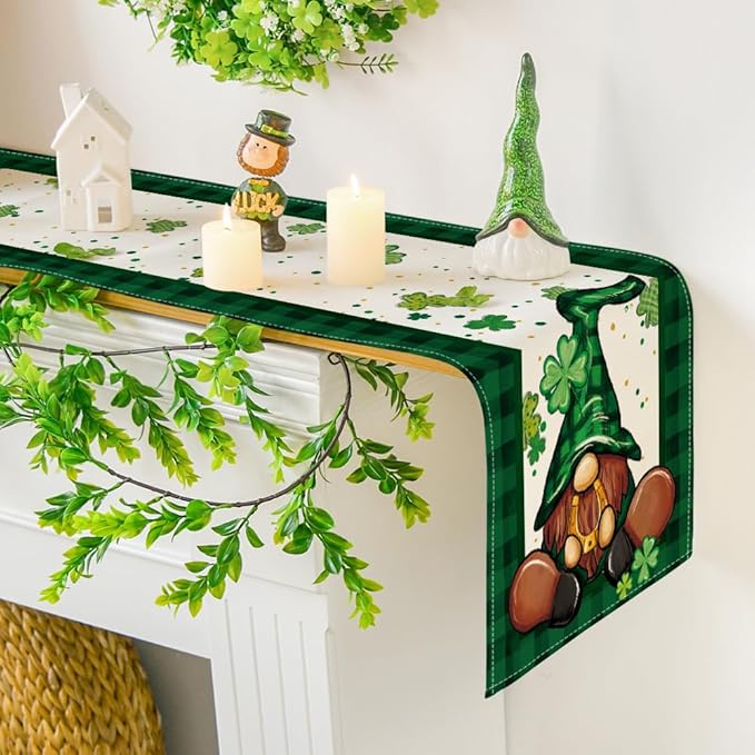 Artoid Mode Shamrock Buffalo Plaid Gnomes Lucky St. Patrick's Day Table Runner, Kitchen Dining Table Decor for Outdoor Home Party Decor 13 x 72 Inch