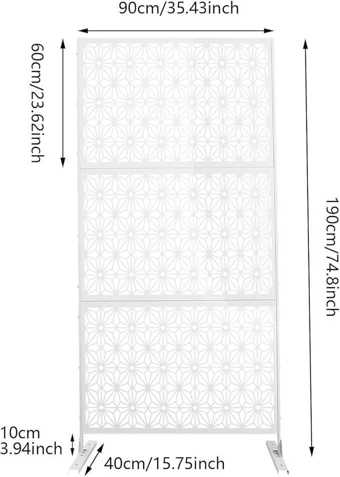 75" H×35" W Decorative Outdoor Privacy Screen with Stand, Outdoor Decor Privacy Fence Screen Metal Fence Panels, Free Standing Metal Divider for Patio Lawn Deck (White-Small Snowflake)