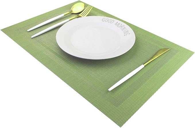 PIGCHCY Heat Insulation Non Slip Plastic Placemats,Washable Easy to Clean Woven Vinyl Kitchen Stain Resistant Placemats for Dining Table Set of 6 (Olive Green)