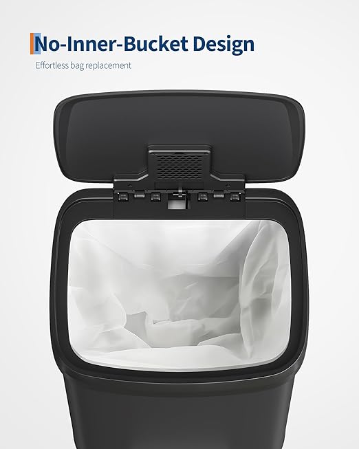 Garvee 13 gal / 50 L Metal Trash Can with Lid, Large Garbage Can for Kitchen, Rustproof Step-on Kitchen Metal Trash Bin with Liner Rim, Rear Handle, Soft Close Plastic Lid, Black