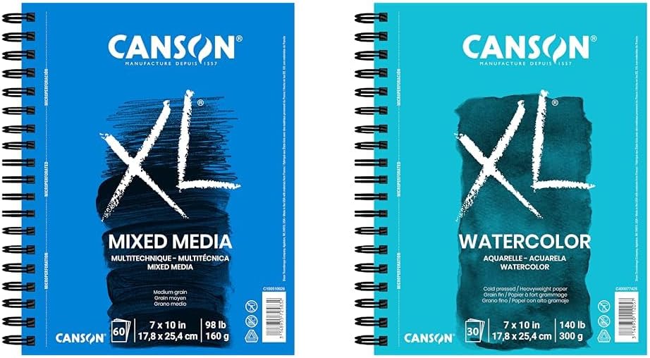 Canson XL Series Mixed Media Pad 60 Sheets with Watercolor Paper Pad 30 Sheets, 7x10 inches