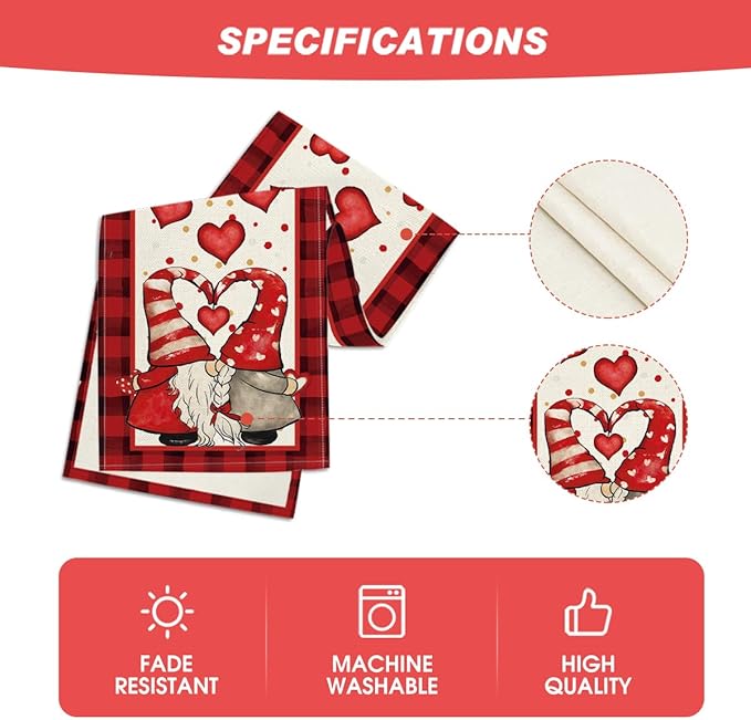 Artoid Mode Red Watercolor Hearts Gnomes Love Valentine's Table Runner, Seasonal Anniversary Wedding HoliKitchen Dining Table Decoration for Indoor Outdoor Home Decor 13x48 Inch