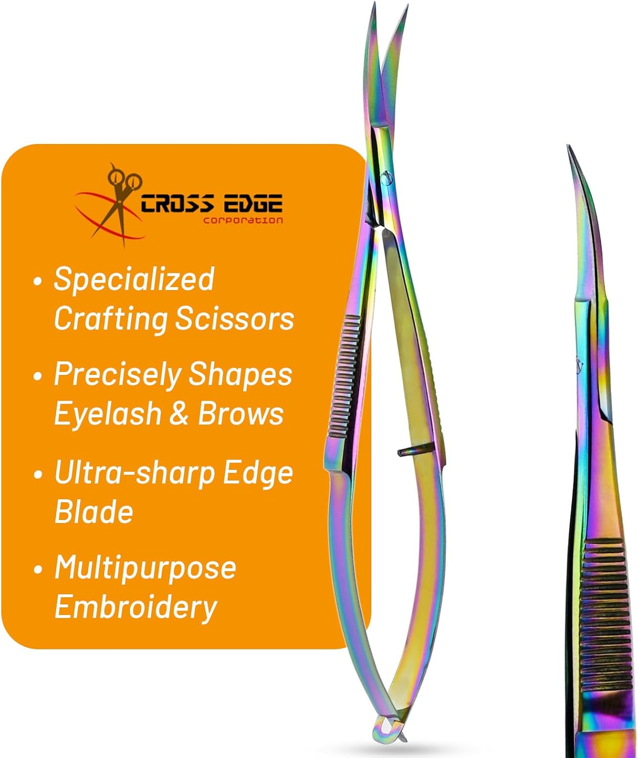 Cross Edge Curved Spring Scissors 5 Inch Stainless Steel Precision Eyebrow & Eyelash Shaping & Trimming Scissor, Snips Squeeze, Embroidery, Knitting Micro Tip Craft Scissors (Rainbow)