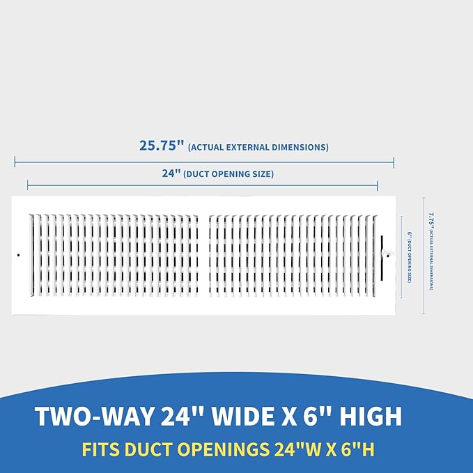 24x6 Vent Register [Duct Opening], Vent Covers for Home Ceiling, Two-Way Ventilation Register, Adjustable Solid Steel Wall Register Vent Cover (24"W x6"H [Duct Opening])