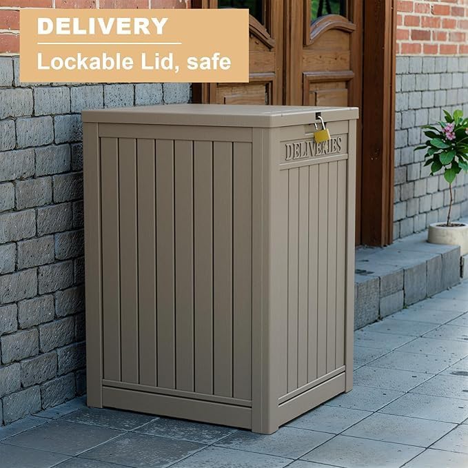 DRATO 48 Gallon Package Delivery Box, Large Lockable Storage Box, Double-Wall Resin Outdoor Package Delivery and Waterproof Deck Box for Porch, Patios（ Grey，48 Gallon）