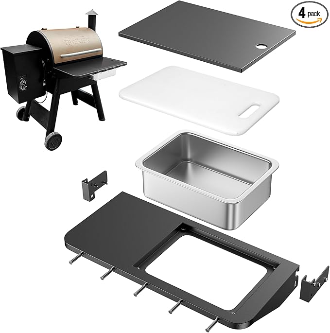 Upgraded Folding Front Shelf Accessories for Traeger Pro 22, Pro 575, Ironwood 650, BAC362, All-in-One Grill Table with Works Cutting Board,Basin,5 Hooks, Steel Grill Accessory for Food Prep & Storage