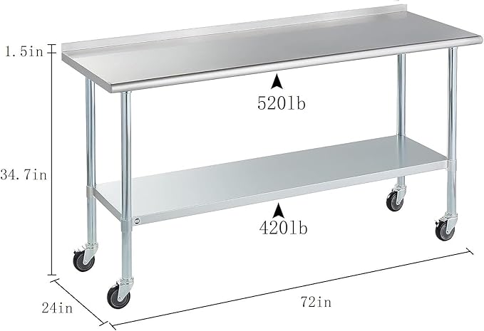 Stainless Steel Table for Prep & Work with Caster & Backsplash 24x72 Inches, NSF Metal Commercial Kitchen Heavy Duty Table with Adjustable Under Shelf and Table Foot for Restaurant, Home and Hotel