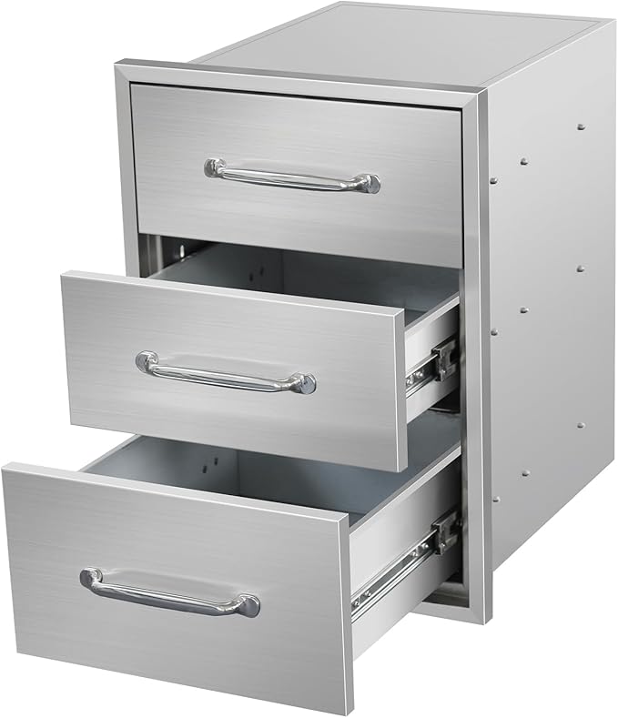 Outdoor Kitchen Drawers 16" W x 21" H x 23" D Flush Mount Triple BBQ Drawers with Chrome Handle Stainless Steel Drawer for Outdoor Kitchen Island, Patio Grill Station