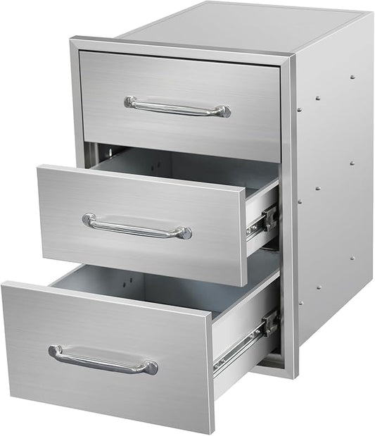 Outdoor Kitchen Drawers 16" W x 21" H x 23" D Flush Mount Triple BBQ Drawers with Chrome Handle Stainless Steel Drawer for Outdoor Kitchen Island, Patio Grill Station