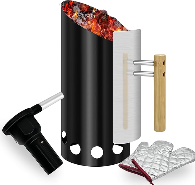 Charcoal Chimney Starter with Doubel Air Volume BBQ Fan and Insulation Gloves Set,Double Enameled Chimney Starter for Charcoal Grill with Wood Handle Insulation and Easy Grip