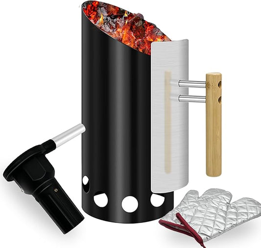 Charcoal Chimney Starter with Doubel Air Volume BBQ Fan and Insulation Gloves Set,Double Enameled Chimney Starter for Charcoal Grill with Wood Handle Insulation and Easy Grip