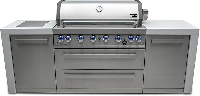 Mont Alpi 805 MAi805-D 6-Burner 115000 BTU Stainless Steel Outdoor Kitchen Island BBQ Gas Grill + 2 Infrared Side Burners Granite Countertops, Storage Drawers & Cabinets, Rotisserie Kit, Weather Cover