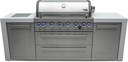 Mont Alpi 805 MAi805-D 6-Burner 115000 BTU Stainless Steel Outdoor Kitchen Island BBQ Gas Grill + 2 Infrared Side Burners Granite Countertops, Storage Drawers & Cabinets, Rotisserie Kit, Weather Cover