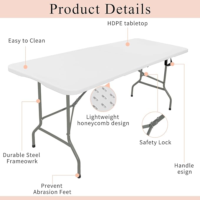 Set of 2 Folding Tables with Carrying Handle Lightweight Rectangular Portable Plastic Camping Table Steel Legs for Party, Dining, Wedding, Events, Picnic Indoor, Outdoor (5.85FT, White)