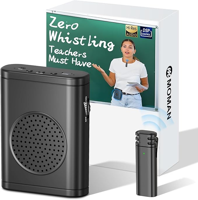 Moman Voice Amplifier with Wireless Lavalier Microphone, Zero Whistling Low Latency Portable Speaker, Personal PA System with Wireless Clip on Mic for Teachers Classroom Yoga Tour Guide Meeting Coach