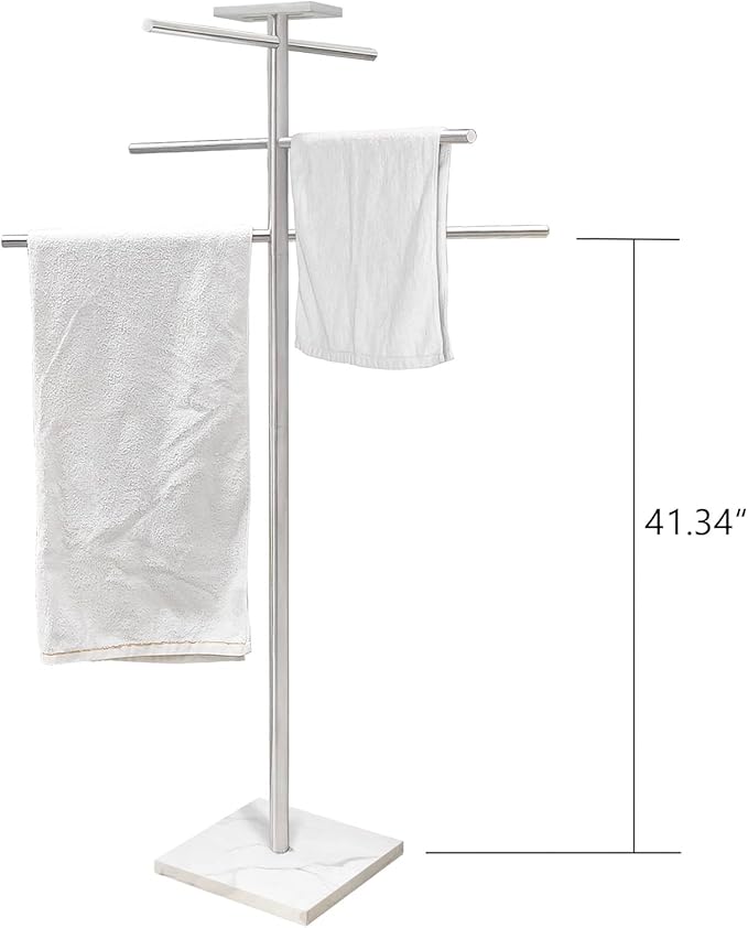 Marble Base Hot Tub Towel Rack for Spa, 304 Stainless Steel 6 Arms Standing Towel Holder with Tray for Swimming Pool Indoor or Outdoor Towel Sheet Drying Rack Brushed Nickel