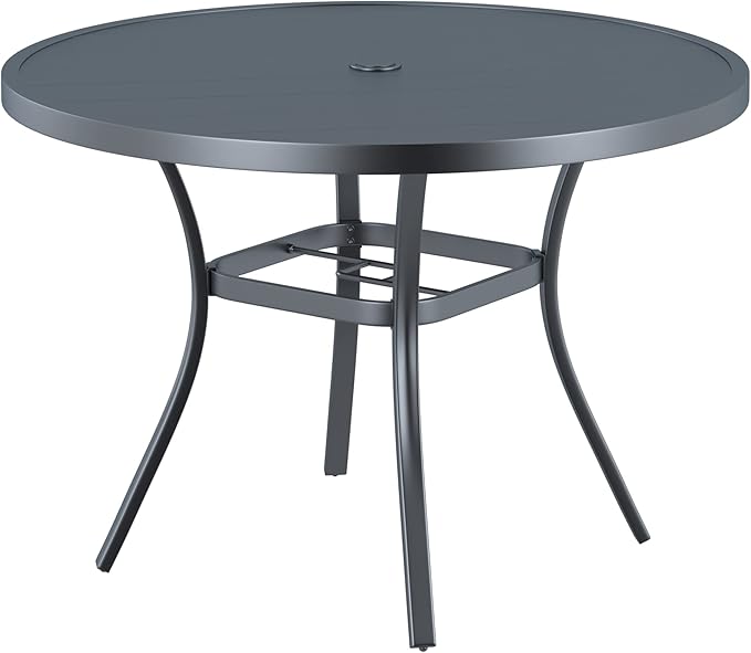 VICLLAX Round Patio Dining Table, 41 inch Metal Outdoor Dining Table with Umbrella Hole for Garden Lawn Balcony Deck, Dark Grey